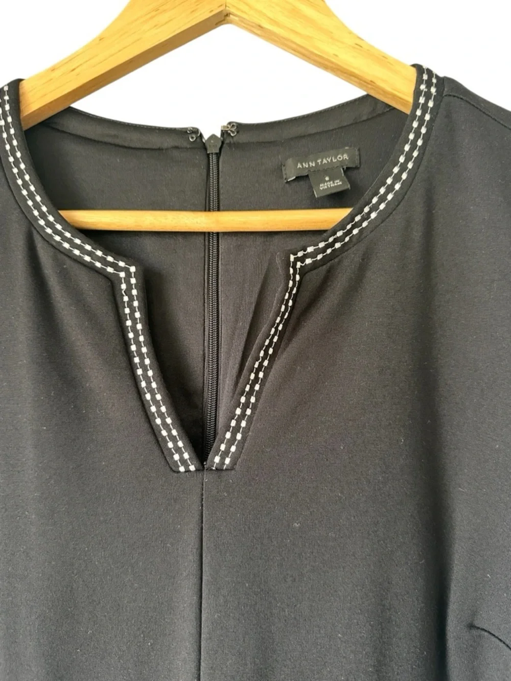 Ann Taylor Black Midi Dress with White Trim Scalloped Sleeves, 8
